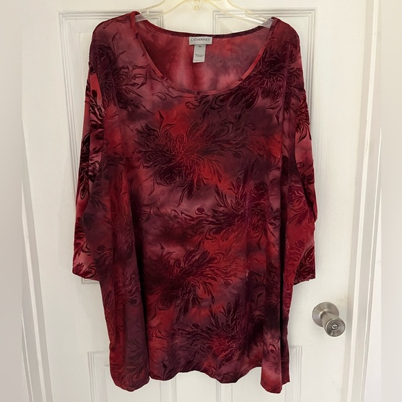 Catherines Tops - Catherines plus Cranberry red, Variegated, velvet Tunic